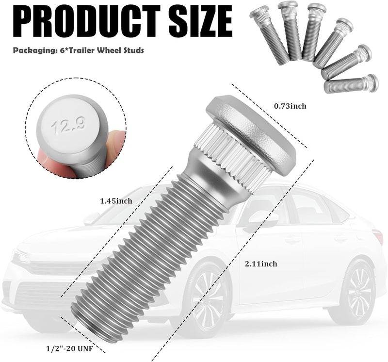 VKQTS 6PCS Trailer Wheel Studs 1/2 20 UNF,Wheel Bolts Load 2000-7000 Lb Compatible with Lippert/Dexter Axle,12.9 Grade Wheels Lug Stud Head 0.73"/Spline Diameter 0.56"/Length 2.11" - Image 2